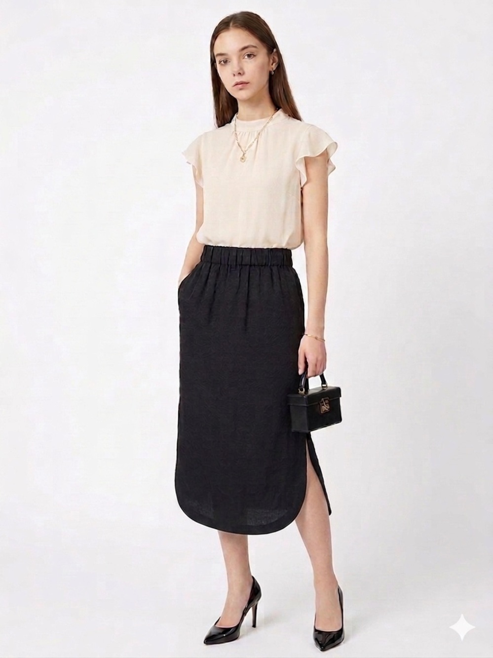 Brochu Walker Black Textured Elastic-Waist Midi Skirt 100%SILK